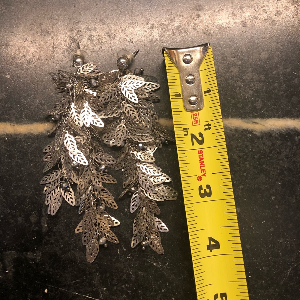 Silver colored leaf earrings 4” drops